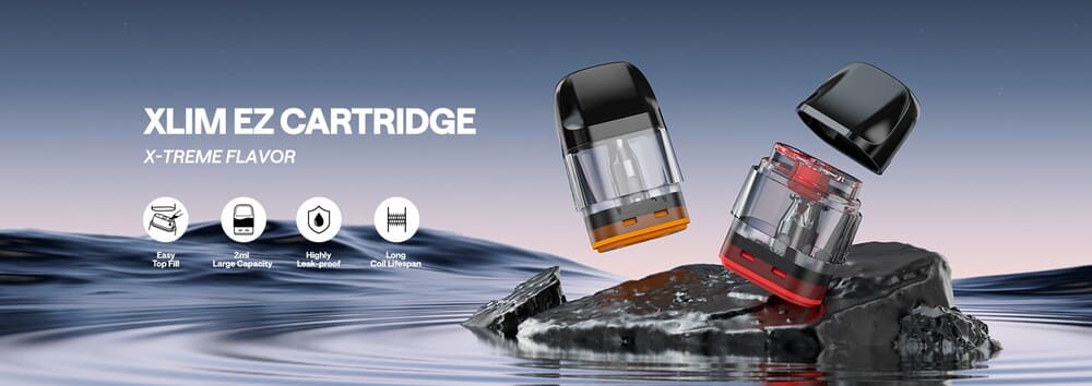 На фото картриджі XLIM EZ Cartridge — вигідна пропозиція для вейпшопу: зручна верхня заправка, об’єм 2 мл, захист від протікань і тривалий термін служби, ідеальні для насиченого смаку та комфортного паріння.